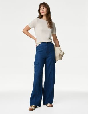 M&S Women's Pure Linen Cargo Trousers - 6REG - Indigo, Indigo,Black,Winter White,Buff