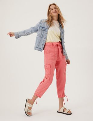 Womens M&S Collection Tencel™ Rich Cargo Tapered Cropped Trousers - Bright Coral, Bright Coral