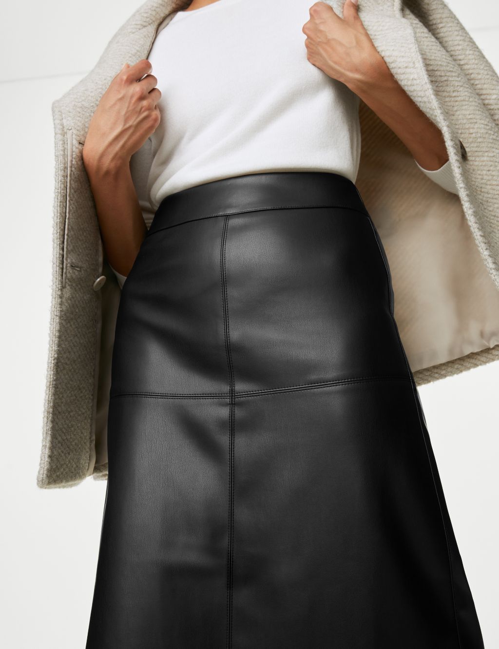 Leather Look Seam Detail Midi A-Line Skirt image 3