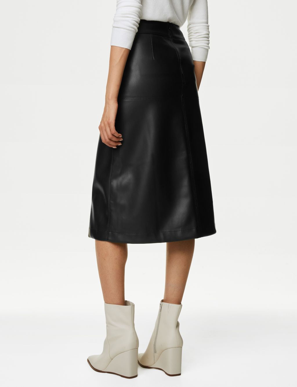 Leather Look Seam Detail Midi A-Line Skirt image 5