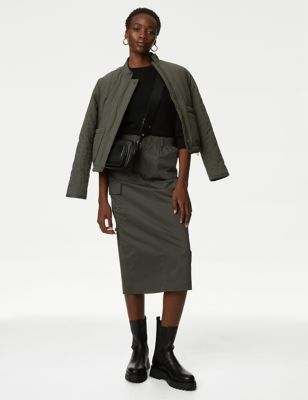 M&S Womens Cotton Rich Midi Utility Skirt - 10 - Dark Olive, Dark Olive,Black