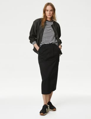 M&S Womens Cotton Rich Midi Utility Skirt - 24 - Black, Black,Dark Olive