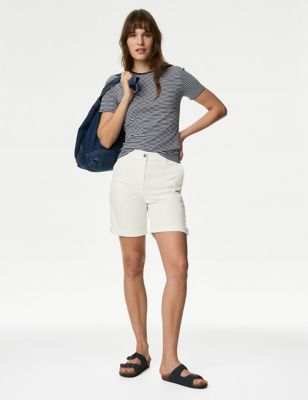 M&S Womens Cotton Rich Tea Dyed Chino Shorts - 6 - Soft White, Soft White,Black,Green,Light Grey,Pin