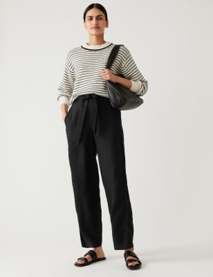 

Womens M&S Collection Pure Linen Printed Belted Balloon Trousers - Black, Black