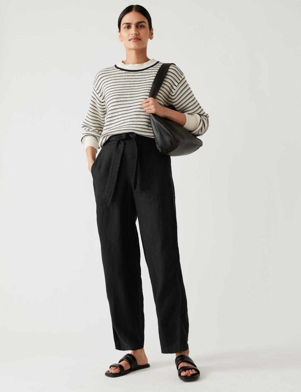 Pure Linen Printed Belted Balloon Trousers image 1