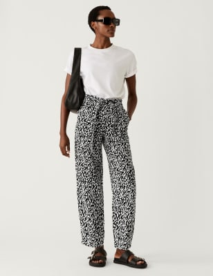 

Womens M&S Collection Pure Linen Printed Belted Balloon Trousers - Black Mix, Black Mix