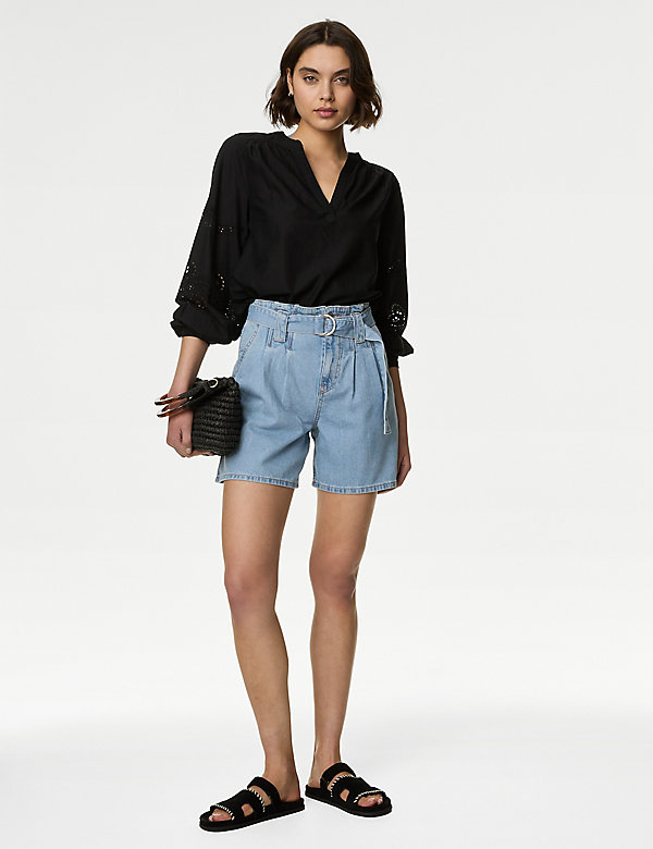 Denim Pleat Front Belted Shorts - SI