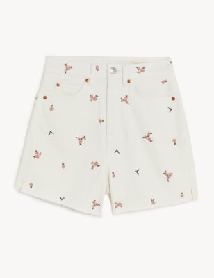 Denim Mom Embroidered High Waisted Shorts