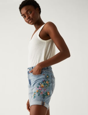 

Womens M&S Collection Denim-Boyfriend-Shorts mit Stickerei - Medium Indigo, Medium Indigo