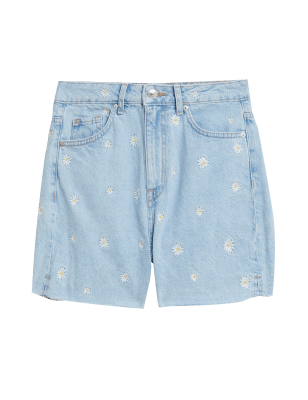 

Womens M&S Collection Hoch geschnittene Mom-Shorts aus Denim mit Stickerei - Light Denim, Light Denim