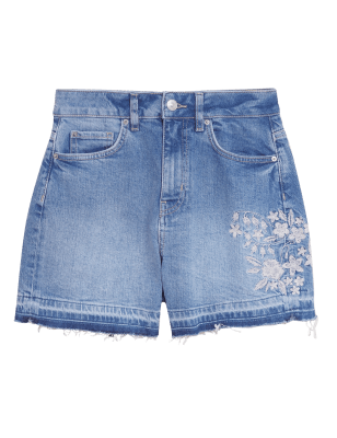 

Womens M&S Collection Denim-Mom-Shorts mit Stickerei - Medium Indigo, Medium Indigo