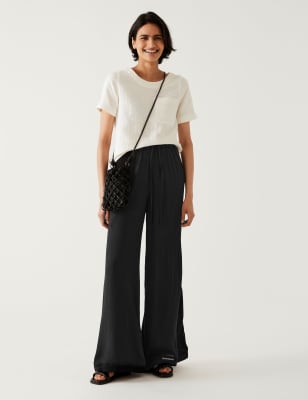 

Womens M&S Collection Textured Wide Leg Ankle Grazer Trousers - Black, Black
