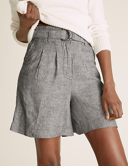 Pure Linen High Waisted Belted Shorts