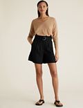 Pure Linen High Waisted Belted Shorts