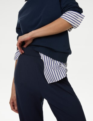 Navy - Jersey Pleat Front Tapered Trousers