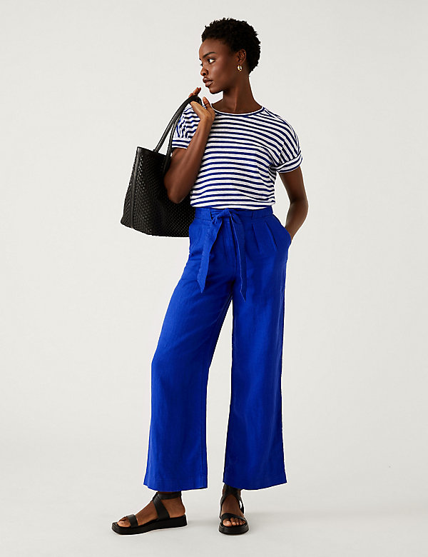 Pure Linen Belted Wide Leg Trousers - ID