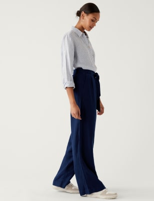 

Womens M&S Collection Hose aus reinem Leinen mit weitem Bein und Gürtel - Navy, Navy