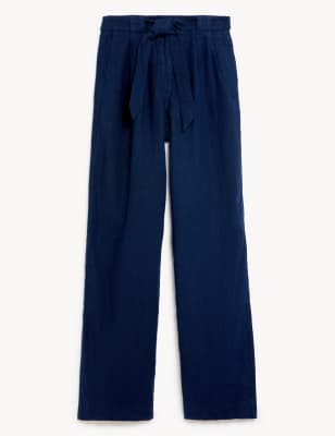 Pure Linen Belted Wide Leg Trousers