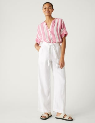 

Womens M&S Collection Pure Linen Belted Wide Leg Trousers - Soft White, Soft White