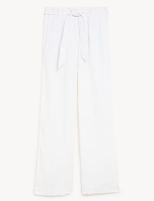 Pure Linen Belted Wide Leg Trousers