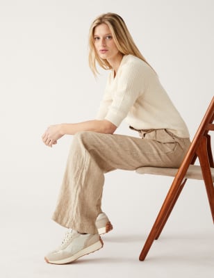 

Womens M&S Collection Pure Linen Belted Wide Leg Trousers - Natural, Natural