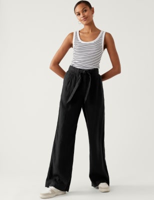 Pure Linen Belted Wide Leg Trousers | M&S US