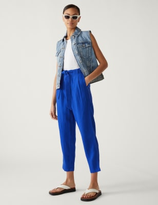 

Womens M&S Collection Pure Linen Belted Tapered Trousers - Electric Blue, Electric Blue