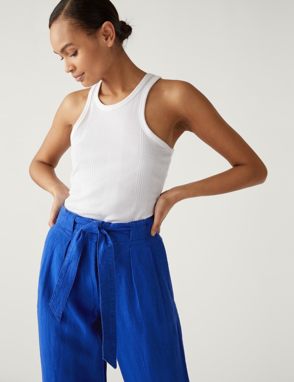 Pure Linen Belted Tapered Trousers image 2