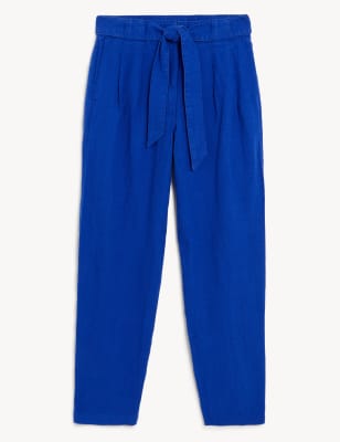 

Womens M&S Collection Pure Linen Belted Tapered Trousers - Electric Blue, Electric Blue