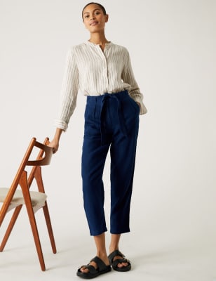 

Womens M&S Collection Pure Linen Belted Tapered Trousers - Navy, Navy