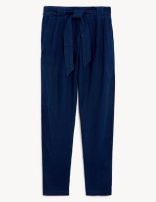 Pure Linen Belted Tapered Trousers