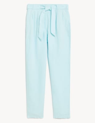 

Womens M&S Collection Pure Linen Belted Tapered Trousers - Pale Aqua, Pale Aqua