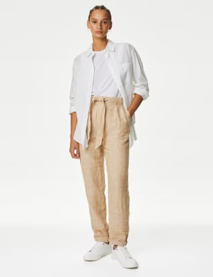 

Womens M&S Collection Schmal zulaufende Hose aus reinem Leinen mit Gürtel - Natural, Natural