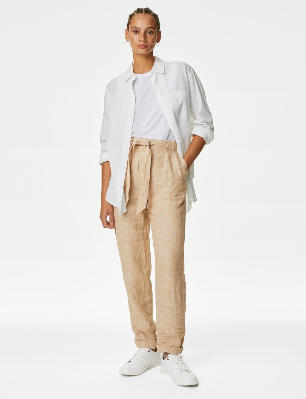 Pure Linen Belted Tapered Trousers image 1