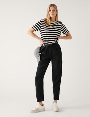 

Womens M&S Collection Pure Linen Belted Tapered Trousers - Black, Black