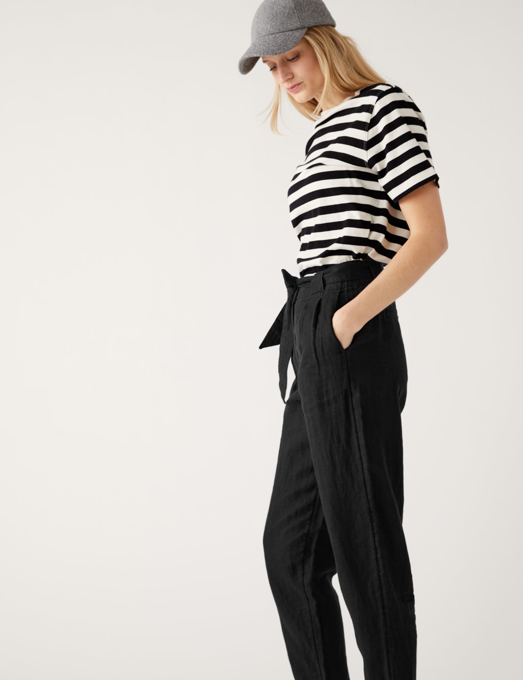 Pure Linen Belted Tapered Trousers image 2