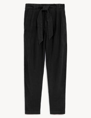 Pure Linen Belted Tapered Trousers