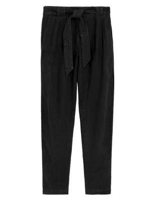 

Womens M&S Collection Pure Linen Belted Tapered Trousers - Black, Black