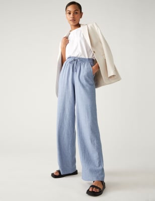 

Womens M&S Collection Linen Rich Wide Leg Trousers - Light Chambray, Light Chambray