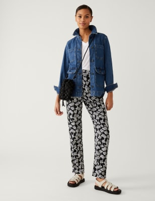 

Womens M&S Collection Schmal zulaufende Hose mit Bundfalten vorne und Muster - Black/White, Black/White