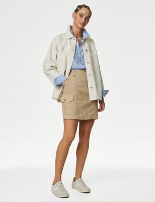 M&S Womens Cotton Rich Mini Utility Skirt - 8SHT - Hessian, Hessian,Soft Green