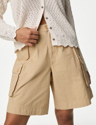 M&S Womens Pure Cotton Cargo Shorts - 6 - Beige, Beige,Ivory