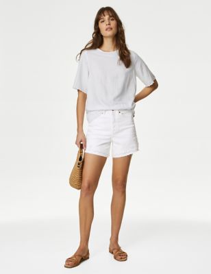 M&S Women's Denim High Waisted Mom Shorts - 8 - Soft White, Soft White