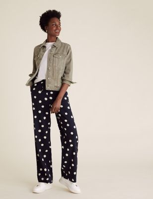 

Womens M&S Collection Linen Rich Polka Dot Wide Leg Trousers - Navy Mix, Navy Mix