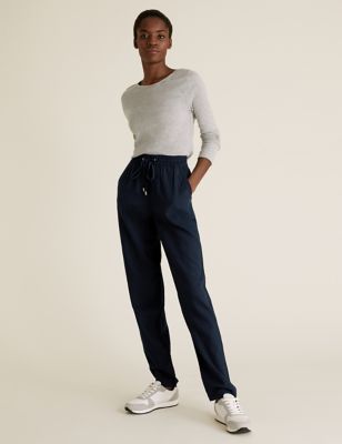 

Womens M&S Collection Linen Rich Tapered Ankle Grazer Trousers - Navy, Navy