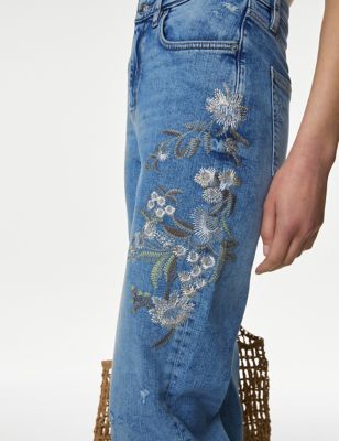 M&S Womens Boyfriend Embroidered Ankle Grazer Jeans - 12SHT - Medium Indigo, Medium Indigo