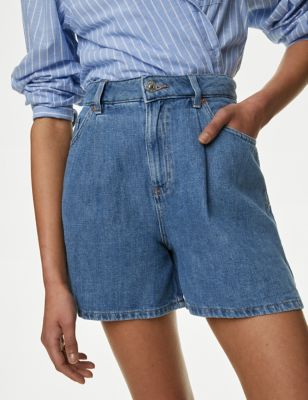 M&S Womens Denim Pleat Front Shorts - 16 - Medium Indigo, Medium Indigo,Ecru