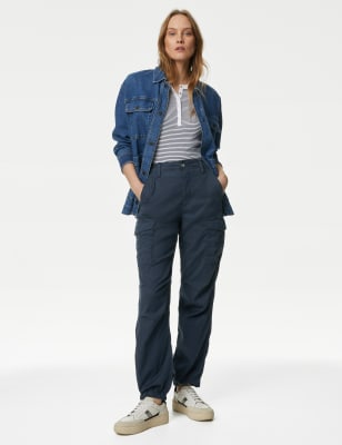 Women's Straight Leg High Waisted Cargo Trousers With Pockets Grey