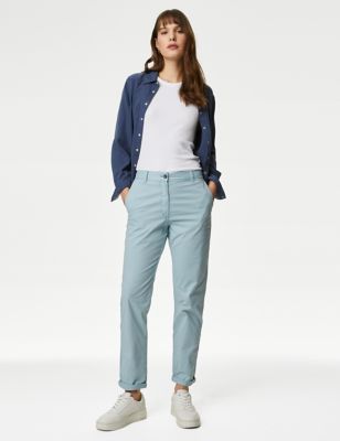 M&S Womens Cotton Rich Tea Dyed Slim Fit Chinos - 10LNG - Ice Blue, Ice Blue,Navy,Terracotta,Black,L