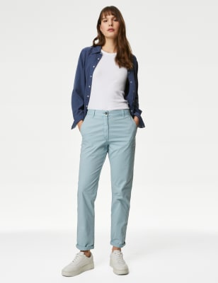 M&S Womens Cotton Rich Tea Dyed Slim Fit Chinos - 10LNG - Ice Blue, Ice Blue,Navy,Terracotta,Black,L